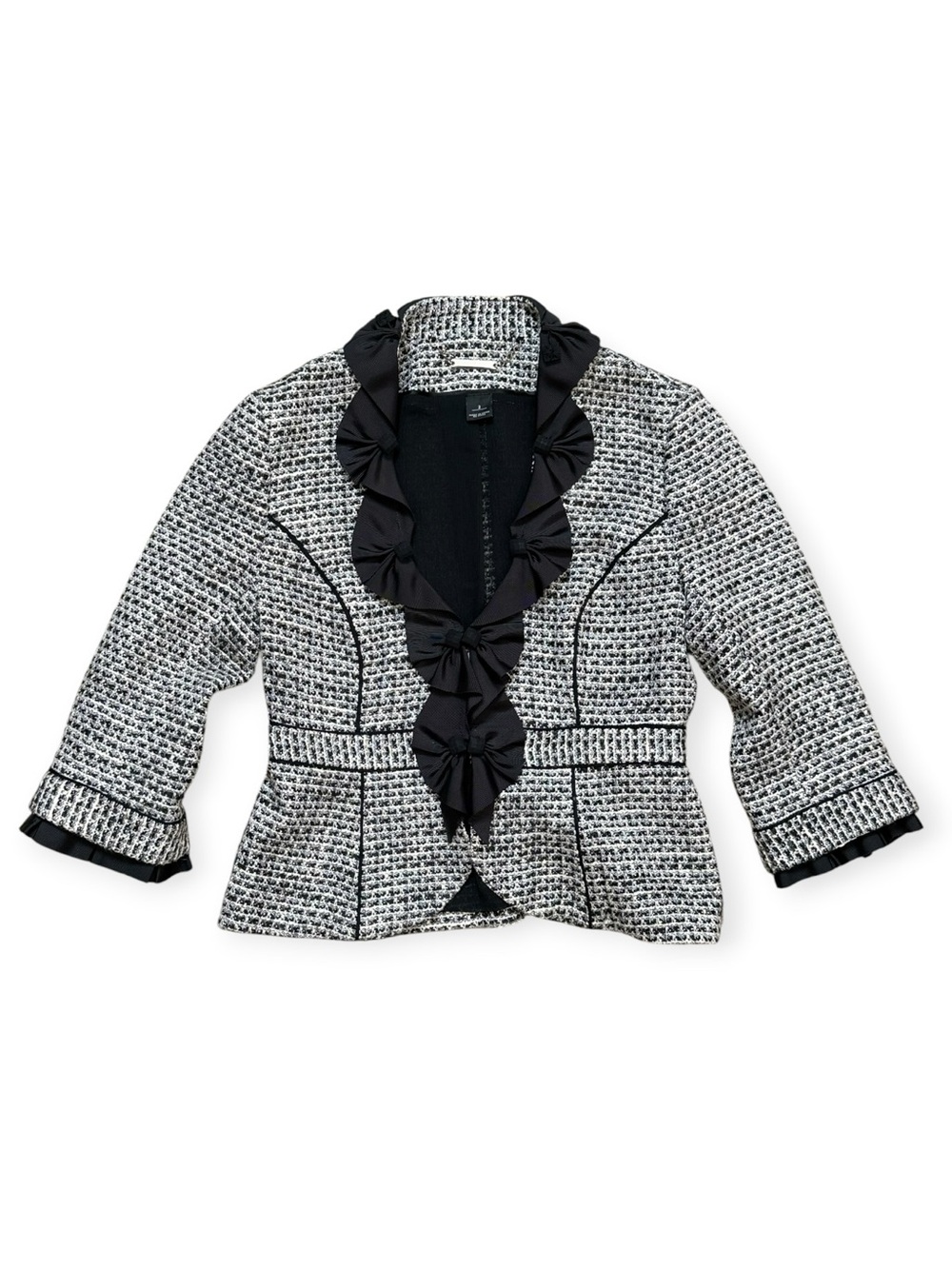 WHBM White House Black Market Blazer Suit Jacket Black White Tweed Ruffle 2